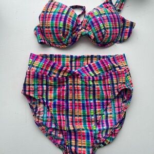 Colorful Neon Plaid Vintage Bikini Set Size M 80s/90s
